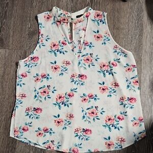 Zenobia Cream Floral Chiffon Sleeveless Top with Pink Roses